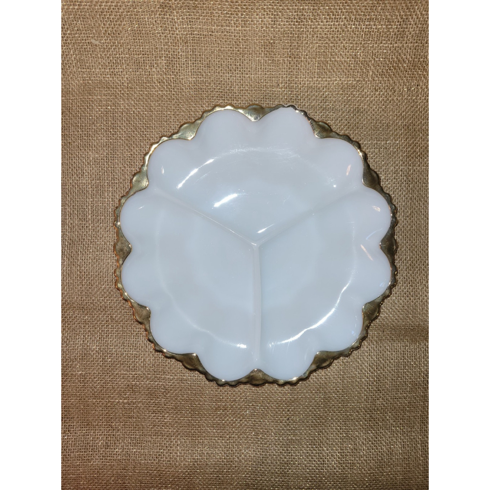 Vintage Gold Rim Scalloped Edge White Milk Glass Divided‎ Serving Platter Tray